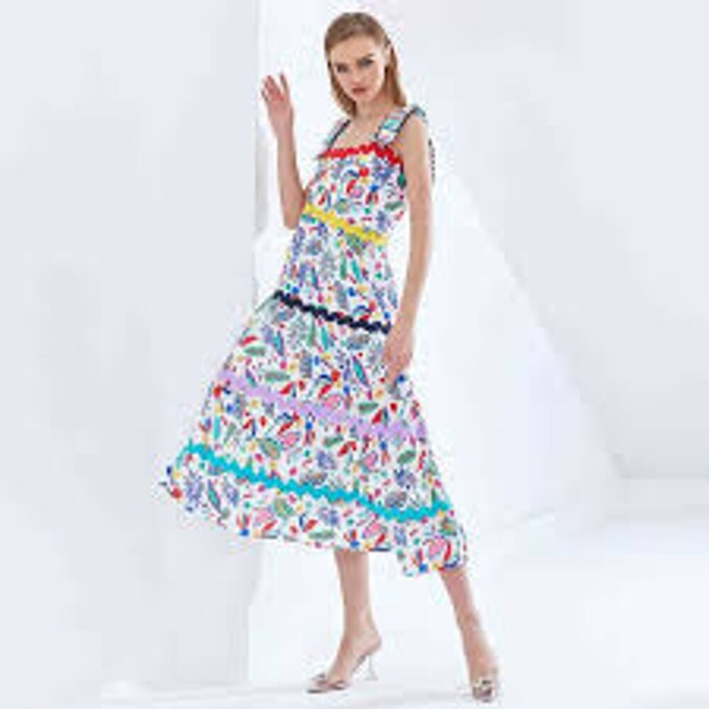 ETERNA Tiered Maxi Exotic Dress Rainbow Strap‎ Floral Tropical Resort Wear Dress